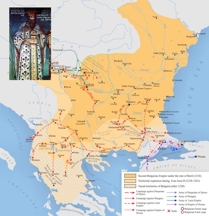 Карта Болгарского царства во времена Ивана Асеня II / Изображение Ивана Асеня II в монастыре Зограф (1817)
